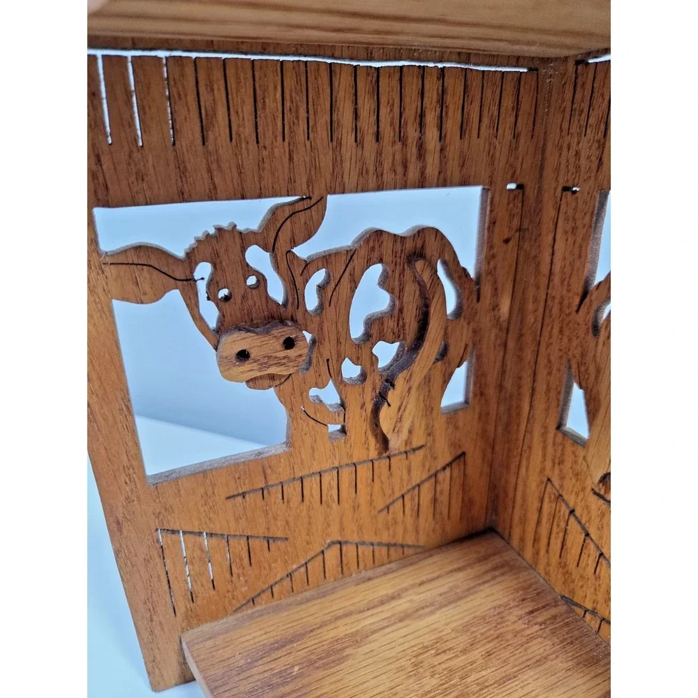 Vintage Hand Carved Wooden Small Barn Corner Shelf‎ W/Decorative Cows Rustic